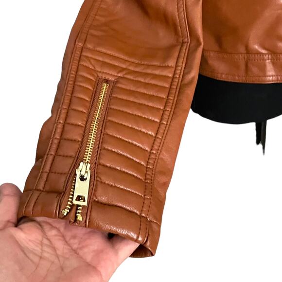 Love Tree Women's Medium Faux Leather Brown Fall Jacket Gold Zipper - Picture 7 of 12